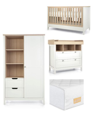Harwell 4 Piece Cotbed with Dresser Changer, Wardrobe, and Essential Fibre Mattress Set